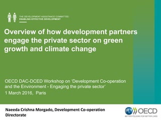 Overview of how development partners
engage the private sector on green
growth and climate change
Naeeda Crishna Morgado, Development Co-operation
Directorate
OECD DAC-DCED Workshop on ‘Development Co-operation
and the Environment - Engaging the private sector’
1 March 2016, Paris
 