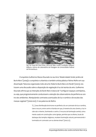 __________________________________________
Arqueologia Botânica dos Jardins de Burle Marx ● 54
Fig. 24: Praça de Casa Forte, cerca de 1940. Fonte: Fundação Joaquim
Nabuco. Acervo do Laboratório da Paisagem da Universidade Federal
de Pernambuco.
O arquiteto Guilherme Mazza Dourado no seu livro ‘Modernidade Verde: jardins de
Burle Marx’ [2009] e a arquiteta e urbanista e também artista plástica Fátima Mafra em sua
dissertaç~o ‘Natureza organizada é obra de arte: Roberto Burle Marx em Recife’ [2007], nos
trazem uma discussão sobre a disposição da vegetação à luz de teorias da arte. Guilherme
Dourado afirma que as intenções de Burle Marx tratava de “configurar espaços centrípetos,
ou seja, que progressivamente conduzissem a atenção dos observadores da periferia ao cen-
tro dos ambientes. Manipulando contrastes acentuados de luz e sombra e de escalas das
massas vegetais” [2000:202]. E nas palavras de Mafra:
“[...] essa distribuiç~o de |rvores na periferia cria um contraste de luz e sombra,
claro e escuro, entre centro e bordas em que, á maneira de uma clareira, a luz in-
cide sob o interior, iluminando o centro. O recurso de iluminação zenital, comu-
mente usado em construções como igrejas, permite que os altares, locais de
destaque dos templos religiosos, recebam iluminação natural, permanecendo i-
luminados em contraste com as demais |reas” [2007:71].
1 2
 