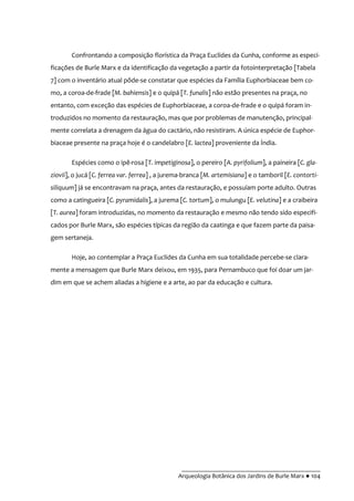 __________________________________________
Arqueologia Botânica dos Jardins de Burle Marx ● 104
Confrontando a composição florística da Praça Euclides da Cunha, conforme as especi-
ficações de Burle Marx e da identificação da vegetação a partir da fotointerpretação [Tabela
7] com o inventário atual pôde-se constatar que espécies da Família Euphorbiaceae bem co-
mo, a coroa-de-frade [M. bahiensis] e o quipá [T. funalis] não estão presentes na praça, no
entanto, com exceção das espécies de Euphorbiaceae, a coroa-de-frade e o quipá foram in-
troduzidos no momento da restauração, mas que por problemas de manutenção, principal-
mente correlata a drenagem da água do cactário, não resistiram. A única espécie de Euphor-
biaceae presente na praça hoje é o candelabro [E. lactea] proveniente da Índia.
Espécies como o ipê-rosa [T. impetiginosa], o pereiro [A. pyrifolium], a paineira [C. gla-
ziovii], o jucá [C. ferrea var. ferrea] , a jurema-branca [M. artemisiana] e o tamboril [E. contorti-
siliquum] já se encontravam na praça, antes da restauração, e possuíam porte adulto. Outras
como a catingueira [C. pyramidalis], a jurema [C. tortum], o mulungu [E. velutina] e a craibeira
[T. aurea] foram introduzidas, no momento da restauração e mesmo não tendo sido especifi-
cados por Burle Marx, são espécies típicas da região da caatinga e que fazem parte da paisa-
gem sertaneja.
Hoje, ao contemplar a Praça Euclides da Cunha em sua totalidade percebe-se clara-
mente a mensagem que Burle Marx deixou, em 1935, para Pernambuco que foi doar um jar-
dim em que se achem aliadas a higiene e a arte, ao par da educação e cultura.
 