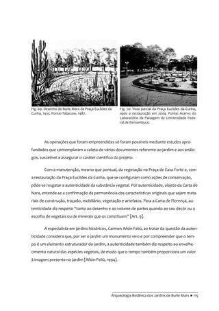__________________________________________
Arqueologia Botânica dos Jardins de Burle Marx ● 115
As operações que foram empreendidas só foram possíveis mediante estudos apro-
fundados que contemplaram a coleta de vários documentos referente ao jardim e aos análo-
gos, suscetível a assegurar o caráter científico do projeto.
Com a manutenção, mesmo que pontual, da vegetação na Praça de Casa Forte e, com
a restauração da Praça Euclides da Cunha, que se configuram como ações de conservação,
pôde-se resgatar a autenticidade da substância vegetal. Por autenticidade, objeto da Carta de
Nara, entende-se a confirmação da permanência das características originais que sejam mate-
riais de construção, traçado, mobiliário, vegetação e artefatos. Para a Carta de Florença, au-
tenticidade diz respeito “tanto ao desenho e ao volume de partes quando ao seu decór ou a
escolha de vegetais ou de minerais que os constituem” [Art. 9].
A especialista em jardins históricos, Carmen Añón Feliú, ao tratar da questão da auten-
ticidade considera que, por ser o jardim um monumento vivo e por compreender que o tem-
po é um elemento estruturador do jardim, a autenticidade também diz respeito ao envelhe-
cimento natural das espécies vegetais, de modo que o tempo também proporciona um valor
à imagem presente no jardim [Añón-Feliú, 1994].
Fig. 69: Desenho de Burle Marx da Praça Euclides da
Cunha, 1935. Fonte: Tabacow, 1987.
Fig. 70: Vista parcial da Praça Euclides da Cunha,
após a restauração em 2004. Fonte: Acervo do
Laboratório da Paisagem da Universidade Fede-
ral de Pernambuco.
 