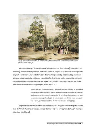 __________________________________________
Arqueologia Botânica dos Jardins de Burle Marx ● 24
Apesar da presença de elementos de culturas distintas da brasileira [i.e. cupidos e pi-
râmides], para os contemporâneos do Mestre Valentim ou para os que conheceram o projeto
original, o jardim era uma verdadeira obra de arte [Aragão, 2008]. A admiração por uma jar-
dim que unia a vegetação autóctone e a exótica foi descrita por vários naturalistas estrangei-
ros, principalmente Johann Baptiste von Spix e Carl Friedrich Philipp von Martius que deixa-
ram bem claro em sua obra ‘Viagem pelo Brasil: 1817-1820”:
À beira-mar está o Passeio Público; é um jardim pequeno, cercado de muros e de
cais de cantaria a prumo sobre o amor. As suas alamedas umbrosas de manguei-
ras, jaqueiras ou da árvore oriental do pão, do itu e do jambo-rosa, entre os quais
se ostentam os magníficos buqês da poinciana são sem dúvida muito convidati-
vas, à tarde, quando sopra a brisa do mar suavizando o calor. [p.65]
Do projeto de Mestre Valentim, restam descrições e imagens como a litografia aquare-
lada de Alfredo Martinet ‘O passeio público’ de 1847 [Fig. 3] e a fotografia de Revert Henrique
Klumb de 1862 [Fig. 4].
Fig. 3: Passeio Público do Rio de Janeiro, 1847; Alfredo Martinet. Fonte: Biblioteca Nacional
[Brasil]; Icon. 211917_17.
 
