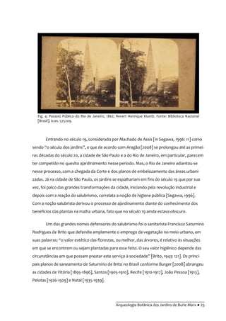 __________________________________________
Arqueologia Botânica dos Jardins de Burle Marx ● 25
Entrando no século 19, considerado por Machado de Assis [in Segawa, 1996: 11] como
sendo “o século dos jardins”, e que de acordo com Aragão [2008] se prolongou até as primei-
ras décadas do século 20, a cidade de São Paulo e a do Rio de Janeiro, em particular, parecem
ter competido no quesito ajardinamento nesse período. Mas, o Rio de Janeiro adiantou-se
nesse processo, com a chegada da Corte e dos planos de embelezamento das áreas urbani-
zadas. Já na cidade de São Paulo, os jardins se espalhariam em fins do século 19 que por sua
vez, foi palco das grandes transformações da cidade, iniciando pela revolução industrial e
depois com a reação do salubrismo, correlata a noção de higiene pública [Segawa, 1996].
Com a noção salubrista derivou o processo de ajardinamento diante do conhecimento dos
benefícios das plantas na malha urbana, fato que no século 19 ainda estava obscuro.
Um dos grandes nomes defensores do salubrismo foi o sanitarista Francisco Saturnino
Rodrigues de Brito que defendia amplamente o emprego da vegetação no meio urbano, em
suas palavras: “o valor estético das florestas, ou melhor, das árvores, é relativo às situações
em que se encontrem ou sejam plantadas para esse feito. O seu valor higiênico depende das
circunstâncias em que possam prestar este serviço à sociedade” [Brito, 1943: 121]. Os princi-
pais planos de saneamento de Saturnino de Brito no Brasil conforme Burger [2008] abrangeu
as cidades de Vitória [1895-1896], Santos [1905-1910], Recife [1910-1917], João Pessoa [1913],
Pelotas [1926-1929] e Natal [1935-1939].
Fig. 4: Passeio Público do Rio de Janeiro, 1862; Revert Henrique Klumb. Fonte: Biblioteca Nacional
[Brasil]; Icon. 575209.
 