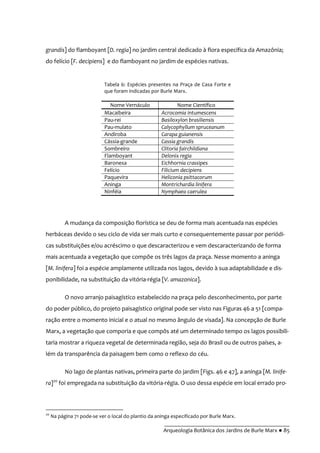 __________________________________________
Arqueologia Botânica dos Jardins de Burle Marx ● 85
grandis] do flamboyant [D. regia] no jardim central dedicado à flora específica da Amazônia;
do felício [F. decipiens] e do flamboyant no jardim de espécies nativas.
A mudança da composição florística se deu de forma mais acentuada nas espécies
herbáceas devido o seu ciclo de vida ser mais curto e consequentemente passar por periódi-
cas substituições e/ou acréscimo o que descaracterizou e vem descaracterizando de forma
mais acentuada a vegetação que compõe os três lagos da praça. Nesse momento a aninga
[M. linifera] foi a espécie amplamente utilizada nos lagos, devido à sua adaptabilidade e dis-
ponibilidade, na substituição da vitória-régia [V. amazonica].
O novo arranjo paisagístico estabelecido na praça pelo desconhecimento, por parte
do poder público, do projeto paisagístico original pode ser visto nas Figuras 46 a 51 [compa-
ração entre o momento inicial e o atual no mesmo ângulo de visada]. Na concepção de Burle
Marx, a vegetação que comporia e que compôs até um determinado tempo os lagos possibili-
taria mostrar a riqueza vegetal de determinada região, seja do Brasil ou de outros países, a-
lém da transparência da paisagem bem como o reflexo do céu.
No lago de plantas nativas, primeira parte do jardim [Figs. 46 e 47], a aninga [M. linife-
ra]20
foi empregada na substituição da vitória-régia. O uso dessa espécie em local errado pro-
20
Na página 71 pode-se ver o local do plantio da aninga especificado por Burle Marx.
Tabela 6: Espécies presentes na Praça de Casa Forte e
que foram indicadas por Burle Marx.
Nome Vernáculo Nome Científico
Macaibeira Acrocomia intumescens
Pau-rei Basiloxylon brasiliensis
Pau-mulato Calycophyllum spruceanum
Andiroba Carapa guianensis
Cássia-grande Cassia grandis
Sombreiro Clitoria fairchildiana
Flamboyant Delonix regia
Baronesa Eichhornia crassipes
Felício Filicium decipiens
Paquevira Heliconia psittacorum
Aninga Montrichardia linifera
Ninféia Nymphaea caerulea
 