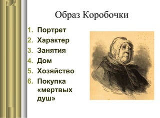Образ Коробочки
1. Портрет
2. Характер
3. Занятия
4. Дом
5. Хозяйство
6. Покупка
«мертвых
душ»
 