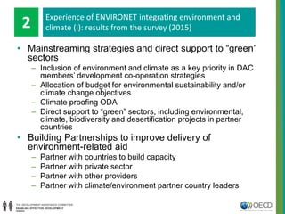 • Mainstreaming strategies and direct support to “green”
sectors
– Inclusion of environment and climate as a key priority in DAC
members’ development co-operation strategies
– Allocation of budget for environmental sustainability and/or
climate change objectives
– Climate proofing ODA
– Direct support to “green” sectors, including environmental,
climate, biodiversity and desertification projects in partner
countries
• Building Partnerships to improve delivery of
environment-related aid
– Partner with countries to build capacity
– Partner with private sector
– Partner with other providers
– Partner with climate/environment partner country leaders
Experience of ENVIRONET integrating environment and
climate (I): results from the survey (2015)2
 