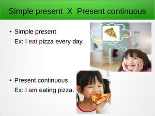 Simple present X Present continuous
● Simple present
Ex: I eat pizza every day.
● Present continuous
Ex: I am eating pizza.
 