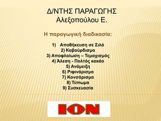 Η παραγωγική διαδικασία:
1) Αποθήκευση σε Σιλό
2) Καβούρδισμα
3) Αποφλοίωση – Τεμαχισμός
4) Άλεση - Πολτός κακάο
5) Ανάμειξη
6) Ριφινάρισμα
7) Κονσάρισμα
8) Τύπωμα
9) Συσκευασία
Δ/ΝΤΗΣ ΠΑΡΑΓΩΓΗΣ
Αλεξοπούλου Ε.
 