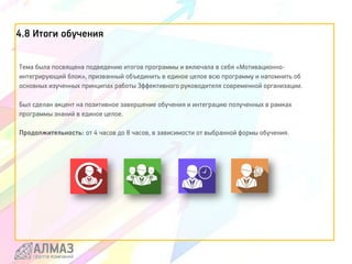 4.8 Итоги обучения
Тема была посвящена подведению итогов программы и включала в себя «Мотивационно-
интегрирующий блок», призванный объединить в единое целое всю программу и напомнить об
основных изученных принципах работы Эффективного руководителя современной организации.
Был сделан акцент на позитивное завершение обучения и интеграцию полученных в рамках
программы знаний в единое целое.
Продолжительность: от 4 часов до 8 часов, в зависимости от выбранной формы обучения.
 