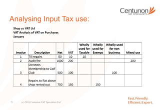 Analysing Input Tax use:
Shop co VAT Ltd
VAT Analysis of VAT on Purchases
January
Invoice Description Net VAT
Wholly
used for
Taxable
Wholly
used for
Exempt
Wholly used
for non
business Mixed use
1 Till repairs 50 10 10
2 Audit fee 1000 200 200
3
Directors
Membership to Golf
Club 500 100 100
4
Repairs to flat above
shop rented out 750 150 150
(c) 2016 Centurion VAT Specialists Ltd21
 