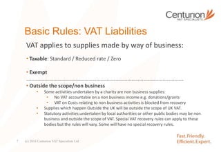 Basic Rules: VAT Liabilities
VAT applies to supplies made by way of business:
• Taxable: Standard / Reduced rate / Zero
• Exempt
………………………………………………………………………………………………………….
• Outside the scope/non business
• Some activities undertaken by a charity are non business supplies:
• No VAT accountable on a non business income e.g. donations/grants
• VAT on Costs relating to non business activities is blocked from recovery
• Supplies which happen Outside the UK will be outside the scope of UK VAT.
• Statutory activities undertaken by local authorities or other public bodies may be non
business and outside the scope of VAT. Special VAT recovery rules can apply to these
bodies but the rules will vary. Some will have no special recovery rules.
(c) 2016 Centurion VAT Specialists Ltd7
 