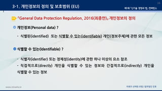 3-1. 개인정보의 정의 및 보호범위 (EU)
미래가 선택한 로펌 | 법무법인 민후www.minwho.kr
16
개인정보(Personal data) ?
- 식별된(identified) 또는 식별할 수 있는(identif...