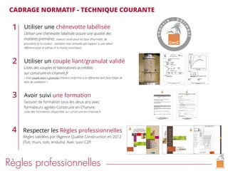 Respecter les Règles professionnelles
Règles validées par l’Agence Qualité Construction en 2012
(Toit, murs, sols, enduits). Avec suivi C2P.
1
3
4
Utiliser un couple liant/granulat validé
Listes des couples et laboratoires accrédités
sur construire-en-chanvre.fr
« tout couple liant + granulat chanvre conforme à ce référentiel doit faire l’objet de
tests de validation »
Avoir suivi une formation
Session de formation tous les deux ans avec
formateurs agréés Construire en Chanvre.
Liste des formateurs disponible sur construire-en-chanvre.fr
CADRAGE NORMATIF - TECHNIQUE COURANTE
Utiliser une chénevotte labélisée
Utiliser une chénevotte labélisée assure une qualité des
matières premières. (valeurs seuils pour les taux d’humidité, de
poussières et la couleur - variation max annuelle par rapport à une valeur
référence pour le Ldmax et la masse volumique).
2
Règles professionnelles
 