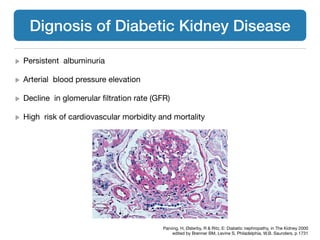 Persistent albuminuria

Arterial blood pressure elevation

Decline in glomerular ﬁltration rate (GFR) 

High risk of cardiovascular morbidity and mortality
Dignosis of Diabetic Kidney Disease
Parving, H, Østerby, R & Ritz, E: Diabetic nephropathy, in The Kidney 2000

edited by Brenner BM, Levine S, Philadelphia, W.B. Saunders, p 1731
 