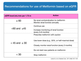 Recommendations for use of Metformin based on eGFR
eGFR level (mL/min per 1.73 m Action
≥ 60
 No renal contraindication to metformin 
Monitor renal function annually

<60 and ≥45
Continue use
Increase monitoring of renal function
(every 3–6 months)
< 45 and ≥ 30
Prescribe metformin with caution

Use lower dose (e.g., 50%, or half-maximal dose)
Closely monitor renal function (every 3 months)
Do not start new patients on metformin
< 30
 Stop metformin
Lipska KJ, et al. Diabetes Care. 2011;34(6):1431-1437.

 