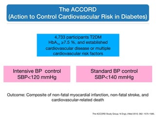 4,733 participants T2DM

HbA1c ≥7.5 %, and established
cardiovascular disease or multiple
cardiovascular risk factors
Intensive BP control

SBP<120 mmHg
Standard BP control

SBP<140 mmHg
Outcome: Composite of non-fatal myocardial infarction, non-fatal stroke, and
cardiovascular-related death
The ACCORD Study Group. N Engl J Med 2010; 362: 1575-1585.
The ACCORD
(Action to Control Cardiovascular Risk in Diabetes)
 