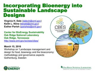 Incorporating Bioenergy into
Sustainable Landscape
Designs
Virginia H. Dale (dalevh@ornl.gov)
Keith L. Kline (klinekl@ornl.gov)
Esther Parish (parishes@ornl.gov)
Center for BioEnergy Sustainability
Oak Ridge National Laboratory
Oak Ridge, Tennessee
http://www.ornl.gov/sci/ees/cbes/
March 15, 2016
Workshop on “Landscape management and
design for food, bioenergy and the bioeconomy:
methodology and governance aspects
Gothenburg, Sweden
 