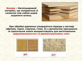 При обробці деревини утворюються відходи у вигляді
обрізків, тирси, стружки, гілок. Їх з допомогою пресування
та просочення клеєм використовують для виготовлення
деревоволокнистих та деревостружкових плит.
Фанера – багатошаровий
матеріал, що складається зі
склеєних між собою шарів
лущеного шпону.
 