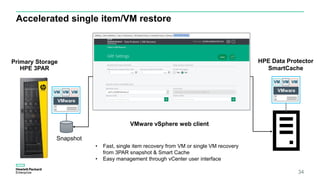 Accelerated single item/VM restore
VMware
VM VM VM
HPE Data Protector
SmartCache
VMware
VM VM VM
VMware vSphere web client
Primary Storage
HPE 3PAR
Snapshot
• Fast, single item recovery from VM or single VM recovery
from 3PAR snapshot & Smart Cache
• Easy management through vCenter user interface
34
 