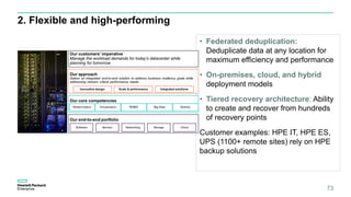 2. Flexible and high-performing
• Federated deduplication:
Deduplicate data at any location for
maximum efficiency and performance
• On-premises, cloud, and hybrid
deployment models
• Tiered recovery architecture: Ability
to create and recover from hundreds
of recovery points
Customer examples: HPE IT, HPE ES,
UPS (1100+ remote sites) rely on HPE
backup solutions
73
 