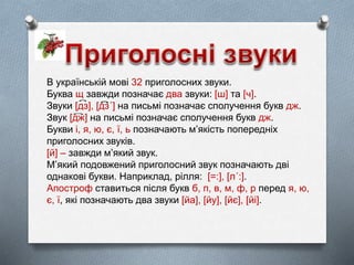 В українській мові 32 приголосних звуки.
Буква щ завжди позначає два звуки: [ш] та [ч].
Звуки [дз], [дз´] на письмі позначає сполучення букв дж.
Звук [дж] на письмі позначає сполучення букв дж.
Букви і, я, ю, є, ї, ь позначають м’якість попередніх
приголосних звуків.
[й] – завжди м’який звук.
М’який подовжений приголосний звук позначають дві
однакові букви. Наприклад, рілля: [=:], [л´:].
Апостроф ставиться після букв б, п, в, м, ф, р перед я, ю,
є, ї, які позначають два звуки [йа], [йу], [йє], [йі].
 