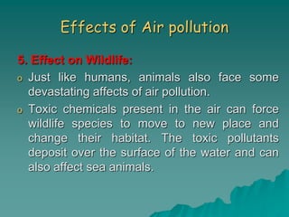 Effects of Air pollution
5. Effect on Wildlife:
o Just like humans, animals also face some
devastating affects of air pollution.
o Toxic chemicals present in the air can force
wildlife species to move to new place and
change their habitat. The toxic pollutants
deposit over the surface of the water and can
also affect sea animals.
 