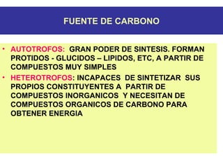 FUENTE DE CARBONO
• AUTOTROFOS: GRAN PODER DE SINTESIS. FORMAN
PROTIDOS - GLUCIDOS – LIPIDOS, ETC, A PARTIR DE
COMPUESTOS MUY SIMPLES
• HETEROTROFOS: INCAPACES DE SINTETIZAR SUS
PROPIOS CONSTITUYENTES A PARTIR DE
COMPUESTOS INORGANICOS Y NECESITAN DE
COMPUESTOS ORGANICOS DE CARBONO PARA
OBTENER ENERGIA
 