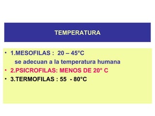 TEMPERATURA
• 1.MESOFILAS : 20 – 45°C
se adecuan a la temperatura humana
• 2.PSICROFILAS: MENOS DE 20° C
• 3.TERMOFILAS : 55 - 80°C
 