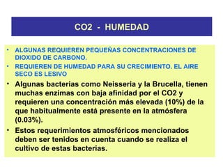 CO2 - HUMEDAD
• ALGUNAS REQUIEREN PEQUEÑAS CONCENTRACIONES DE
DIOXIDO DE CARBONO.
• REQUIEREN DE HUMEDAD PARA SU CRECIMIENTO. EL AIRE
SECO ES LESIVO
• Algunas bacterias como Neisseria y la Brucella, tienen
muchas enzimas con baja afinidad por el CO2 y
requieren una concentración más elevada (10%) de la
que habitualmente está presente en la atmósfera
(0.03%).
• Estos requerimientos atmosféricos mencionados
deben ser tenidos en cuenta cuando se realiza el
cultivo de estas bacterias.
 