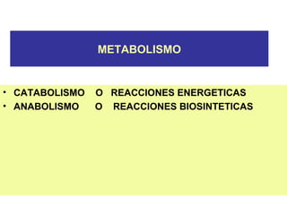 METABOLISMO
• CATABOLISMO O REACCIONES ENERGETICAS
• ANABOLISMO O REACCIONES BIOSINTETICAS
 