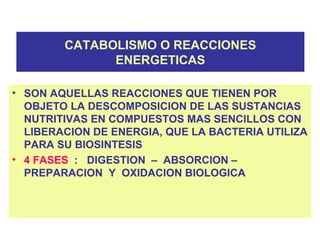 CATABOLISMO O REACCIONES
ENERGETICAS
• SON AQUELLAS REACCIONES QUE TIENEN POR
OBJETO LA DESCOMPOSICION DE LAS SUSTANCIAS
NUTRITIVAS EN COMPUESTOS MAS SENCILLOS CON
LIBERACION DE ENERGIA, QUE LA BACTERIA UTILIZA
PARA SU BIOSINTESIS
• 4 FASES : DIGESTION – ABSORCION –
PREPARACION Y OXIDACION BIOLOGICA
 