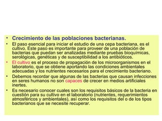 • Crecimiento de las poblaciones bacterianas.
• El paso esencial para iniciar el estudio de una cepa bacteriana, es el
cultivo. Este paso es importante para proveer de una población de
bacterias que puedan ser analizadas mediante pruebas bioquímicas,
serológicas, genéticas y de susceptibilidad a los antibióticos.
• El cultivo es el proceso de propagación de los microorganismos en el
laboratorio, que se obtiene aportando las condiciones ambientales
adecuadas y los nutrientes necesarios para el crecimiento bacteriano.
• Debemos recordar que algunas de las bacterias que causan infecciones
en seres humanos no son capaces de crecer en medios artificiales
inertes.
• Es necesario conocer cuales son los requisitos básicos de la bacteria en
cuestión para su cultivo en el laboratorio (nutrientes, requerimientos
atmosféricos y ambientales), así como los requisitos del o de los tipos
bacterianos que se necesite recuperar.
 