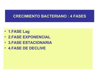 CRECIMIENTO BACTERIANO : 4 FASES
• 1.FASE Lag
• 2.FASE EXPONENCIAL
• 3.FASE ESTACIONARIA
• 4.FASE DE DECLIVE
 