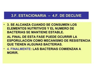 3.F. ESTACIONARIA – 4.F. DE DECLIVE
• 3. SE ALCANZA CUANDO SE CONSUMEN LOS
ELEMENTOS NUTRITIVOS Y EL NUMERO DE
BACTERIAS SE MANTIENE ESTABLE.
AL FINAL DE ESTA FASE PUEDE OCURRIR LA
ESPORULACION COMO MECANISMO DE RESISTENCIA
QUE TIENEN ALGUNAS BACTERIAS.
• 4. FINALMENTE: LAS BACTERIAS COMIENZAN A
MORIR.
 