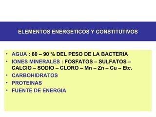 ELEMENTOS ENERGETICOS Y CONSTITUTIVOS
• AGUA : 80 – 90 % DEL PESO DE LA BACTERIA
• IONES MINERALES : FOSFATOS – SULFATOS –
CALCIO – SODIO – CLORO – Mn – Zn – Cu – Etc.
• CARBOHIDRATOS
• PROTEINAS
• FUENTE DE ENERGIA
 