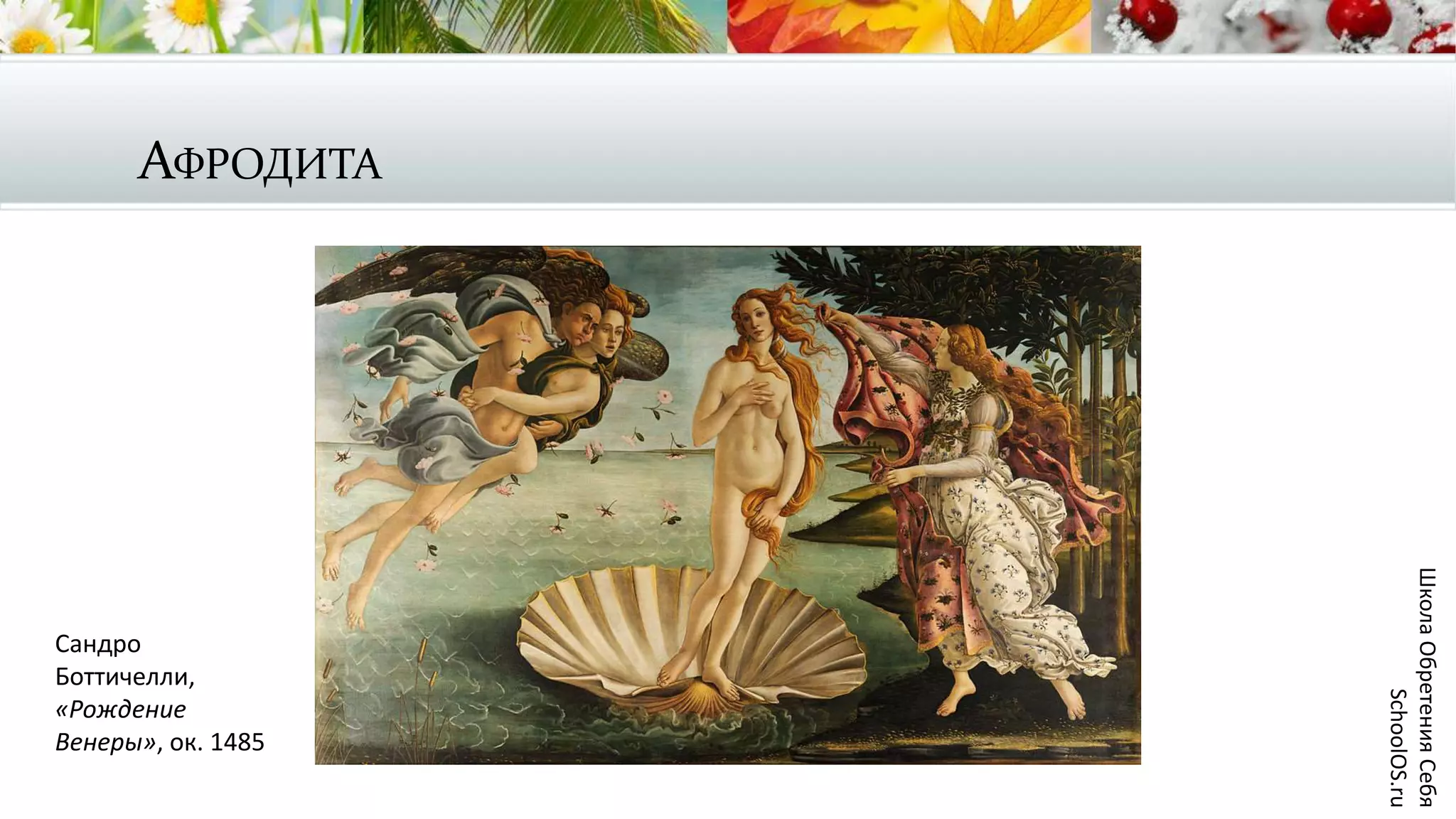 АФРОДИТА
ШколаОбретенияСебя
SchoolOS.ru
Сандро
Боттичелли,
«Рождение
Венеры», ок. 1485
 