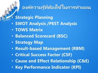 องค์ความรู ้ที่ต้องใช้ในการทาแผน
• Strategic Planning
• SWOT Analysis /PEST Analysis
• TOWS Matrix
• Balanced Scorecard (BSC)
• Strategy Map
• Result-based Management (RBM)
• Critical Success Factor (CSF)
• Cause and Effect Relationship (C&E)
• Key Performance Indicator (KPI)
 