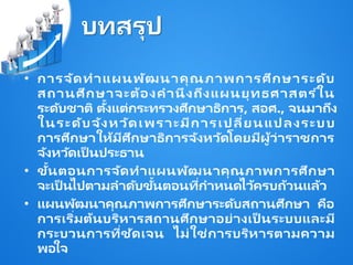 บทสรุป
• การจัดทาแผนพัฒนาคุณภาพการศึกษาระดับ
สถานศึกษาจะต้องคานึงถึงแผนยุทธศาสตร ์ใน
ระดับชาติ ตั้งแต่กระทรวงศึกษาธิการ, สอศ., จนมาถึง
ในระดับจังหวัดเพราะมีการเปลี่ยนแปลงระบบ
การศึกษาให้มีศึกษาธิการจังหวัดโดยมีผู้ว่าราชการ
จังหวัดเป็ นประธาน
• ขั้นตอนการจัดทาแผนพัฒนาคุณภาพการศึกษา
จะเป็ นไปตามลาดับขั้นตอนที่กาหนดไว้ครบถ้วนแล้ว
• แผนพัฒนาคุณภาพการศึกษาระดับสถานศึกษา คือ
การเริ่มต้นบริหารสถานศึกษาอย่างเป็ นระบบและมี
กระบวนการที่ชัดเจน ไม่ใช่การบริหารตามความ
พอใจ
 
