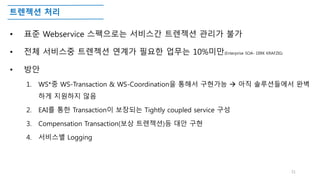 트렌젝션 처리
• 표준 Webservice 스펙으로는 서비스간 트렌젝션 관리가 불가
• 전체 서비스중 트렌젝션 연계가 필요한 업무는 10%미만(Enterprise SOA- DIRK KRAFZIG)
• 방안
1. WS*중 WS-Transaction & WS-Coordination을 통해서 구현가능  아직 솔루션들에서 완벽
하게 지원하지 않음
2. EAI를 통한 Transaction이 보장되는 Tightly coupled service 구성
3. Compensation Transaction(보상 트렌젝션)등 대안 구현
4. 서비스별 Logging
31
 