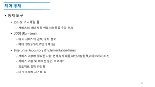 제어 통제
• 통제 도구
• ESB & 모니터링 툴
- 서비스의 상태,사용 현황,성능등을 중앙 관리
• UDDI (Run-time)
- 배포 서비스의 검색, 위치 정보
- 메타 정보 (가격,보안 정책 등)
• Enterprise Repository (Implementation-time)
- 서비스 개발에 필요한 사항(분석,설계 내용,패턴,개발정책,라이브러리,소스)
- 서비스 개발 및 배포전 승인 프로세스
- 프로젝트 일정 관리등
- 버그 트랙킹 시스템 등
40
 