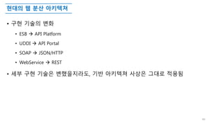 현대의 웹 분산 아키텍쳐
• 구현 기술의 변화
• ESB  API Platform
• UDDI  API Portal
• SOAP  JSON/HTTP
• WebService  REST
• 세부 구현 기술은 변했을지라도, 기반 아키텍쳐 사상은 그대로 적용됨
44
 