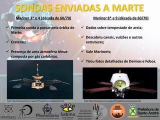 SONDAS ENVIADAS A MARTE
Mariner 3* e 4 (década de 60/70)
 Primeira sonda a passar pela órbita de
Marte;
 Crateras;
 Presença de uma atmosfera tênue
composta por gás carbônico.
Fonte: http://missoesamarte.no.sapo.pt/Principal/menumissoesamarte.htm
Mariner 8* e 9 (década de 60/70)
 Dados sobre tempestade de areia;
 Descobriu canais, vulcões e outras
estruturas;
 Vale Marineris;
 Tirou fotos detalhadas de Deimos e Fobos.
Fonte: http://missoesamarte.no.sapo.pt/Principal/menumissoesamarte.htm
 