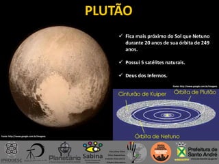 PLUTÃO
 Fica mais próximo do Sol que Netuno
durante 20 anos de sua órbita de 249
anos.
 Possui 5 satélites naturais.
 Deus dos Infernos.
Fonte: http://www.google.com.br/imagens
Fonte: http://www.google.com.br/imagens
 