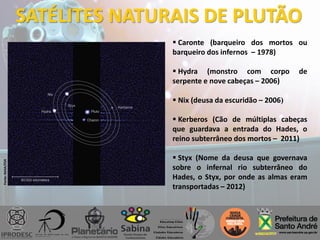 SATÉLITES NATURAIS DE PLUTÃO
 Caronte (barqueiro dos mortos ou
barqueiro dos infernos – 1978)
 Hydra (monstro com corpo de
serpente e nove cabeças – 2006)
 Nix (deusa da escuridão – 2006)
 Kerberos (Cão de múltiplas cabeças
que guardava a entrada do Hades, o
reino subterrâneo dos mortos – 2011)
 Styx (Nome da deusa que governava
sobre o infernal rio subterrâneo do
Hades, o Styx, por onde as almas eram
transportadas – 2012)
Fonte:NASA/ESA
 