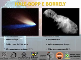 HALE-BOPP E BORRELY
 Período longo.
 Órbita cerca de 3500 anos.
 Última passagem vista em 1997.
 Período curto.
 Órbita dura quase 7 anos.
 Última passagem em 2015.
Fonte: http://www.google.com.br/imagens Fonte: http://www.google.com.br/imagens
 