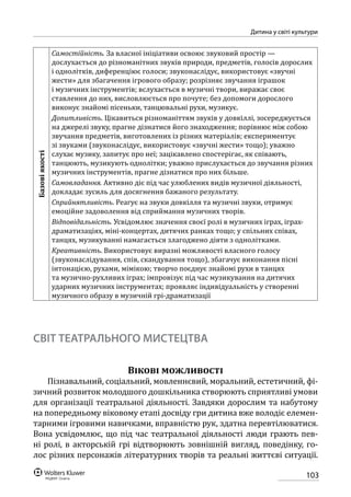 103
Дитина у світі культури
Базовіякості
Самостійність. За власної ініціативи освоює звуковий простір —
дослухається до різноманітних звуків природи, предметів, голосів дорослих
і однолітків, диференціює голоси; звуконаслідує, використовує «звучні
жести» для збагачення ігрового образу; розрізняє звучання іграшок
і музичних інструментів; вслухається в музичні твори, виражає своє
ставлення до них, висловлюється про почуте; без допомоги дорослого
виконує знайомі пісеньки, танцювальні рухи, музикує.
Допитливість. Цікавиться різноманіттям звуків у довкіллі, зосереджується
на джерелі звуку, прагне дізнатися його знаходження; порівнює між собою
звучання предметів, виготовлених із різних матеріалів; експериментує
зі звуками (звуконаслідує, використовує «звучні жести» тощо); уважно
слухає музику, запитує про неї; зацікавлено спостерігає, як співають,
танцюють, музикують однолітки; уважно прислухається до звучання різних
музичних інструментів, прагне дізнатися про них більше.
Самовладання. Активно діє під час улюблених видів музичної діяльності,
докладає зусиль для досягнення бажаного результату.
Сприйнятливість. Реагує на звуки довкілля та музичні звуки, отримує
емоційне задоволення від сприймання музичних творів.
Відповідальність. Усвідомлює значення своєї ролі в музичних іграх, іграх-
драматизаціях, міні-концертах, дитячих ранках тощо; у спільних співах,
танцях, музикуванні намагається злагоджено діяти з однолітками.
Креативність. Використовує виразні можливості власного голосу
(звуконаслідування, спів, скандування тощо), збагачує виконання пісні
інтонацією, рухами, мімікою; творчо поєднує знайомі рухи в танцях
та музично-рухливих іграх; імпровізує під час музикування на дитячих
ударних музичних інструментах; проявляє індивідуальність у створенні
музичного образу в музичній грі-драматизації
СВІТ ТЕАТРАЛЬНОГО МИСТЕЦТВА
Вікові можливості
Пізнавальний, соціальний, мовленнєвий, моральний, естетичний, фі-
зичний розвиток молодшого дошкільника створюють сприятливі умови
для організації театральної діяльності. Завдяки дорослим та набутому
на попередньому віковому етапі досвіду гри дитина вже володіє елемен-
тарними ігровими навичками, вправністю рук, здатна перевтілюватися.
Вона усвідомлює, що під час театральної діяльності люди грають пев-
ні ролі, в акторській грі відтворюють зовнішній вигляд, поведінку, го-
лос різних персонажів літературних творів та реальні життєві ситуації.
 