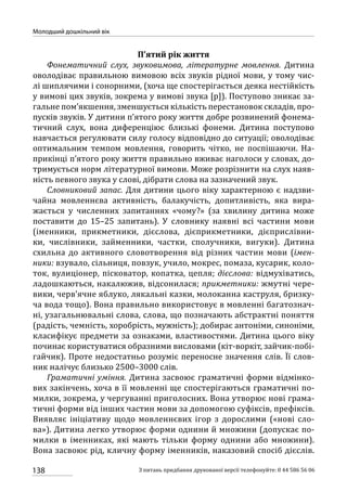138
Молодший дошкільний вік
З питань придбання друкованої версії телефонуйте: 0 44 586 56 06
П’ятий рік життя
Фонематичний слух, звуковимова, літературне мовлення. Дитина
оволодіває правильною вимовою всіх звуків рідної мови, у тому чис-
лі шиплячими і сонорними, (хоча ще спостерігається деяка нестійкість
у вимові цих звуків, зокрема у вимові звука [р]). Поступово зникає за-
гальне пом’якшення, зменшується кількість перестановок складів, про-
пусків звуків. У дитини п’ятого року життя добре розвинений фонема-
тичний слух, вона диференціює близькі фонеми. Дитина поступово
навчається регулювати силу голосу відповідно до ситуації; оволодіває
оптимальним темпом мовлення, говорить чітко, не поспішаючи. На-
прикінці п’ятого року життя правильно вживає наголоси у словах, до-
тримується норм літературної вимови. Може розрізнити на слух наяв-
ність певного звука у слові, дібрати слова на зазначений звук.
Словниковий запас. Для дитини цього віку характерною є надзви-
чайна мовленнєва активність, балакучість, допитливість, яка вира-
жається у численних запитаннях «чому?» (за хвилину дитина може
поставити до 15–25 запитань). У словнику наявні всі частини мови
(іменники, прикметники, дієслова, дієприкметники, дієприслівни-
ки, числівники, займенники, частки, сполучники, вигуки). Дитина
схильна до активного словотворення від різних частин мови (імен-
ники: взувало, сільниця, повзук, учило, мокрес, помаза, кусарик, коло-
ток, вулиціонер, пісковатор, копатка, цепля; дієслова: відмухіватись,
ладошкаються, накалюжив, відсонилася; прикметники: жмутні чере-
вики, черв’ячне яблуко, лякальні казки, молоканна каструля, бризку-
ча вода тощо). Вона правильно використовує в мовленні багатознач-
ні, узагальнювальні слова, слова, що позначають абстрактні поняття
(радість, чемність, хоробрість, мужність); добирає антоніми, синоніми,
класифікує предмети за ознаками, властивостями. Дитина цього віку
починає користуватися образними висловами (кіт-воркіт, зайчик-побі-
гайчик). Проте недостатньо розуміє переносне значення слів. Її слов-
ник налічує близько 2500–3000 слів.
Граматичні уміння. Дитина засвоює граматичні форми відмінко-
вих закінчень, хоча в її мовленні ще спостерігаються граматичні по-
милки, зокрема, у чергуванні приголосних. Вона утворює нові грама-
тичні форми від інших частин мови за допомогою суфіксів, префіксів.
Виявляє ініціативу щодо мовленнєвих ігор з дорослими («нові сло-
ва»). Дитина легко утворює форми однини й множини (допускає по-
милки в іменниках, які мають тільки форму однини або множини).
Вона засвоює рід, кличну форму іменників, наказовий спосіб дієслів.
 