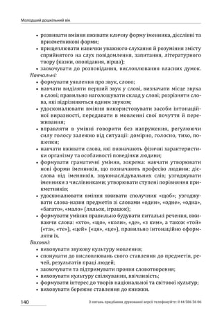 140
Молодший дошкільний вік
З питань придбання друкованої версії телефонуйте: 0 44 586 56 06
•• розвивати вміння вживати кличну форму іменника, дієслівні та
прикметникові форми;
•• прищеплювати навички уважного слухання й розуміння змісту
сприйнятого на слух повідомлення, запитання, літературного
твору (казки, оповідання, вірша);
•• заохочувати до розповідання, висловлювання власних думок.
Навчальні:
•• формувати уявлення про звук, слово;
•• навчати виділяти перший звук у слові, визначати місце звука
в слові; правильно наголошувати склад у слові; розрізняти сло-
ва, які відрізняються одним звуком;
•• удосконалювати вміння використовувати засоби інтонацій-
ної виразності, передавати в мовленні свої почуття й пере-
живання;
•• вправляти в умінні говорити без напруження, регулюючи
силу голосу залежно від ситуації: домірно, голосно, тихо, по-
шепки;
•• навчати вживати слова, які позначають фізичні характеристи-
ки організму та особливості поведінки людини;
•• формувати граматичні уміння, зокрема: навчати утворювати
нові форми іменників, що позначають професію людини; діє­
слова від іменників, звуконаслідувальних слів; узгоджувати
іменники з числівниками; утворювати ступені порівняння при-
кметників;
•• удосконалювати вміння вживати сполучник «щоб»; узгоджу-
вати слова-назви предметів зі словами «один», «одне», «одна»,
«багато», «мало» (ляльок, іграшок);
•• формувати уміння правильно будувати питальні речення, вжи-
ваючи слова: «хто», «що», «коли», «де», «з ким», а також «той»
(«та», «те»), «цей» («ця», «це»), правильно інтонаційно оформ-
ляти їх.
Виховні:
•• виховувати звукову культуру мовлення;
•• спонукати до висловлювань свого ставлення до предметів, ре-
чей, результатів праці людей;
•• заохочувати та підтримувати прояви словотворення;
•• виховувати культуру спілкування, ввічливість;
•• формувати інтерес до творів національної та світової культур;
•• виховувати бережне ставлення до книжки.
 