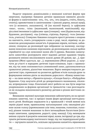 142
Молодший дошкільний вік
З питань придбання друкованої версії телефонуйте: 0 44 586 56 06
Педагог вправляє дошкільників у вживанні кличної форми при
звертанні, підтримує бажання дитини правильно вживати дієслів-
ні форми із закінченнями: -ить, -їть, -ать, -ять (ходить, стоїть, біжать,
стоять); прикметники із закінченнями -і (високі дерева, низькі кущі),
-ого (з великого, лялькового), -ій (на високій березі); із суфіксами
-еньк-, -есень-, -ісінь- (маленький, малесенький, манісінький); від­
дієслівні іменники із суфіксами -щик (гонщик), -ник (будівельник, від-
будовник, дослідник), -ець (співець, стрілець, борець), -тель (вихова­
тель, учитель). Стимулює бажання складати прості речення з опорою
на наочність, вчить узгоджувати слова в роді, числі, відмінку за до-
помогою декламування напам’ять 4-рядкових віршів, потішок, забав-
лянок; спонукає до розповідей про зображене на малюнку; насліду-
вання мовлення казкових персонажів; до розповідання ляльці щойно
сприйнятої на слух невеликої казки або її уривка. Важливо заохочу-
вати самостійно розігрувати зміст відомих дитині художніх творів;
розвивати вміння висловлювати власні думки (Я думаю, що ...), при-
пущення (Мені здається, що ...), переживання (Мені радісно…); залу-
чати до участі в народних дитячих іграх-співанках, іграх з правила-
ми, під час яких поповнюється словниковий запас, удосконалюються
граматичні уміння, діалогічне мовлення. Варто використовувати ди-
дактичні ігри, спрямовані на розвиток дрібних м’язів пальців руки та
формування вміння діяти за вказівкою дорослого: «Кожну намистин-
ку — на свою нитку», «Прокоти кульку», «Склади башту», «Побудуймо
будинок». Слід залучати дітей до декоративного малювання, ліплен-
ня, штрихування тощо. Означений зміст роботи не має бути жорстко
унормованим за формою організації та тривалістю і має розглядати-
ся як складова мовленнєвого розвитку дитини в різних життєвих си­
туаціях.
Виховання звукової культури мовлення забезпечують як на органі-
зованих заняттях, так і в процесі інших форм організації життєдіяль-
ності дітей. Необхідно вправляти їх у правильній і чіткій вимові всіх
звуків рідної мови, правильному наголошуванні слів; оволодінні різ-
ною силою голосу (промовляння слів тихо, пошепки, голосніше, голос-
но); різним темпом мовлення та його інтонаційним багатством (інто-
нація запитання, здивування, радості, суму, наказу). Слід виховувати
вміння слухати й розуміти невеликі вірші, казки, інструкції до гри, від-
чувати ритмомелодику поетичного твору; під час індивідуальної робо-
ти — заучувати напам’ять, оскільки заучування напам’ять віршованих
 