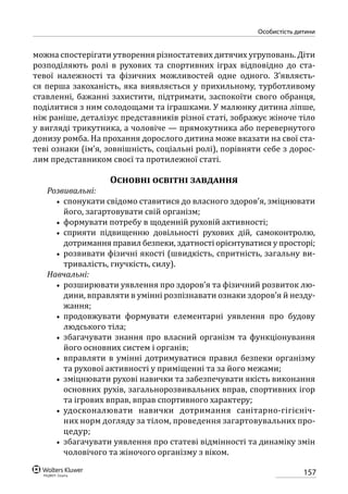 157
особистість дитини
можна спостерігати утворення різностатевих дитячих угруповань. Діти
розподіляють ролі в рухових та спортивних іграх відповідно до  ста-
тевої належності та фізичних можливостей одне одного. З’являєть-
ся перша закоханість, яка виявляється у прихильному, турботливому
ставленні, бажанні захистити, підтримати, заспокоїти свого обранця,
поділитися з ним солодощами та іграшками. У малюнку дитина ліпше,
ніж раніше, деталізує представників різної статі, зображує жіноче тіло
у вигляді трикутника, а чоловіче — прямокутника або перевернутого
донизу ромба. На прохання дорослого дитина може вказати на свої ста-
теві ознаки (ім’я, зовнішність, соціальні ролі), порівняти себе з дорос-
лим представником своєї та протилежної статі.
Основні освітні завдання
Розвивальні:
•• спонукати свідомо ставитися до власного здоров’я, зміцнювати
його, загартовувати свій організм;
•• формувати потребу в щоденній руховій активності;
•• сприяти підвищенню довільності рухових дій, самоконтролю,
дотримання правил безпеки, здатності орієнтуватися у просторі;
•• розвивати фізичні якості (швидкість, спритність, загальну ви-
тривалість, гнучкість, силу).
Навчальні:
•• розширювати уявлення про здоров’я та фізичний розвиток лю-
дини, вправляти в умінні розпізнавати ознаки здоров’я й незду-
жання;
•• продовжувати формувати елементарні уявлення про будову
людського тіла;
•• збагачувати знання про власний організм та функціонування
його основних систем і органів;
•• вправляти в умінні дотримуватися правил безпеки організму
та рухової активності у приміщенні та за його межами;
•• зміцнювати рухові навички та забезпечувати якість виконання
основних рухів, загальнорозвивальних вправ, спортивних ігор
та ігрових вправ, вправ спортивного характеру;
•• удосконалювати навички дотримання санітарно-гігієніч-
них норм догляду за тілом, проведення загартовувальних про­
цедур;
•• збагачувати уявлення про статеві відмінності та динаміку змін
чоловічого та жіночого організму з віком.
 