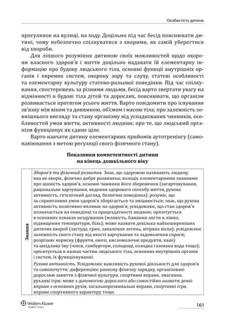 161
особистість дитини
прогулянок на вулиці, на ходу. Доцільно під час бесід пояснювати ди-
тині, чому небезпечно спілкуватися з хворими, як самій уберегтися
від хвороби.
Для ліпшого розуміння дитиною своїх можливостей щодо охоро-
ни власного здоров’я і життя доцільно надавати їй елементарну ін-
формацію про будову людського тіла, основні функції внутрішніх ор-
ганів і окремих систем, охорону зору та слуху, статеві особливості
та елементарну культуру статево-рольової поведінки. Під час спілку-
вання, спостережень за різними людьми, бесід варто звертати увагу на
відмінності в будові тіла дітей та дорослих, пояснювати, що організм
розвивається протягом усього життя. Варто повідомити про існування
зв’язку між віком та довжиною, об’ємом і масою тіла; про залежність зо-
внішнього вигляду та стану організму від успадкованих чинників, осо-
бливостей умов життя, активності людини; про те, що людський орга-
нізм функціонує як єдине ціле.
Варто навчати дитину елементарних прийомів аутотренінгу (само-
навіювання з метою регуляції свого фізичного стану).
Показники компетентності дитини
на кінець дошкільного віку
Знання
Здоров’я та фізичний розвиток. Знає, що здоровою називають людину,
яка не хворіє, фізично добре розвинена; володіє елементарними знаннями
про цінність здоров’я, основні чинники його збереження (загартовування,
раціональне харчування, ведення здорового способу життя, рухова
активність, гігієнічний догляд, безпечна поведінка); розуміє, що
за сприятливих умов здоров’я зберігається та зміцнюється; знає, що рухова
активність позитивно впливає на здоров’я; усвідомлює, що стан здоров’я
позначається на поведінці та працездатності людини; орієнтується
в основних ознаках нездужання (млявість, бажання лягти в ліжко,
підвищення температури, біль); може назвати декілька найпоширеніших
дитячих хвороб (застуда, грип, запалення легень, вітряна віспа); усвідомлює
залежність свого стану від якості харчування та задоволення спраги;
розрізняє корисну (фрукти, овочі, кисломолочні продукти, каші)
та шкідливу їжу (чіпси, гамбургери, солодощі, солодка газована вода тощо);
орієнтується в назвах частин людського тіла, основних внутрішніх органів
і систем, їх функціонуванні.
Рухова активність. Усвідомлює важливість рухової діяльності для здоров’я
та самопочуття; диференціює ранкову фізичну зарядку, організовані
дорослим заняття з фізичної культури, спортивні вправи, змагання,
рухливі ігри; може з допомогою дорослого або самостійно назвати деякі
вправи з основних рухів, загальнорозвивальні вправи, спортивні ігри,
вправи спортивного характеру тощо.
 